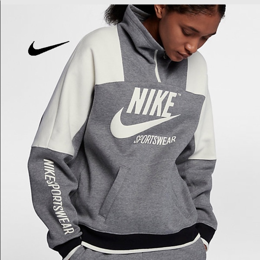Nike Gray and White Colorblock Sportswear Pullover Hoodie